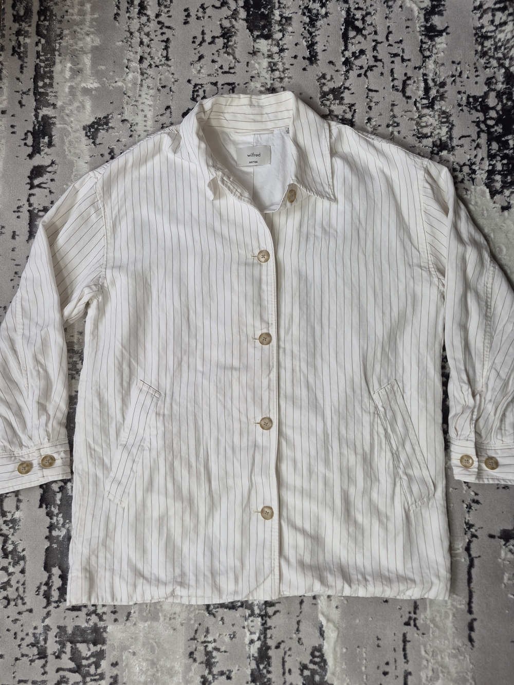Aritzia Wilfred Merchant Jacket Linen pinstripe pattern button up two pockets 8